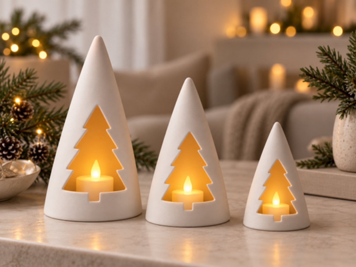 Set van 3 Kerstboom Theelichthouders met LED-Kaars