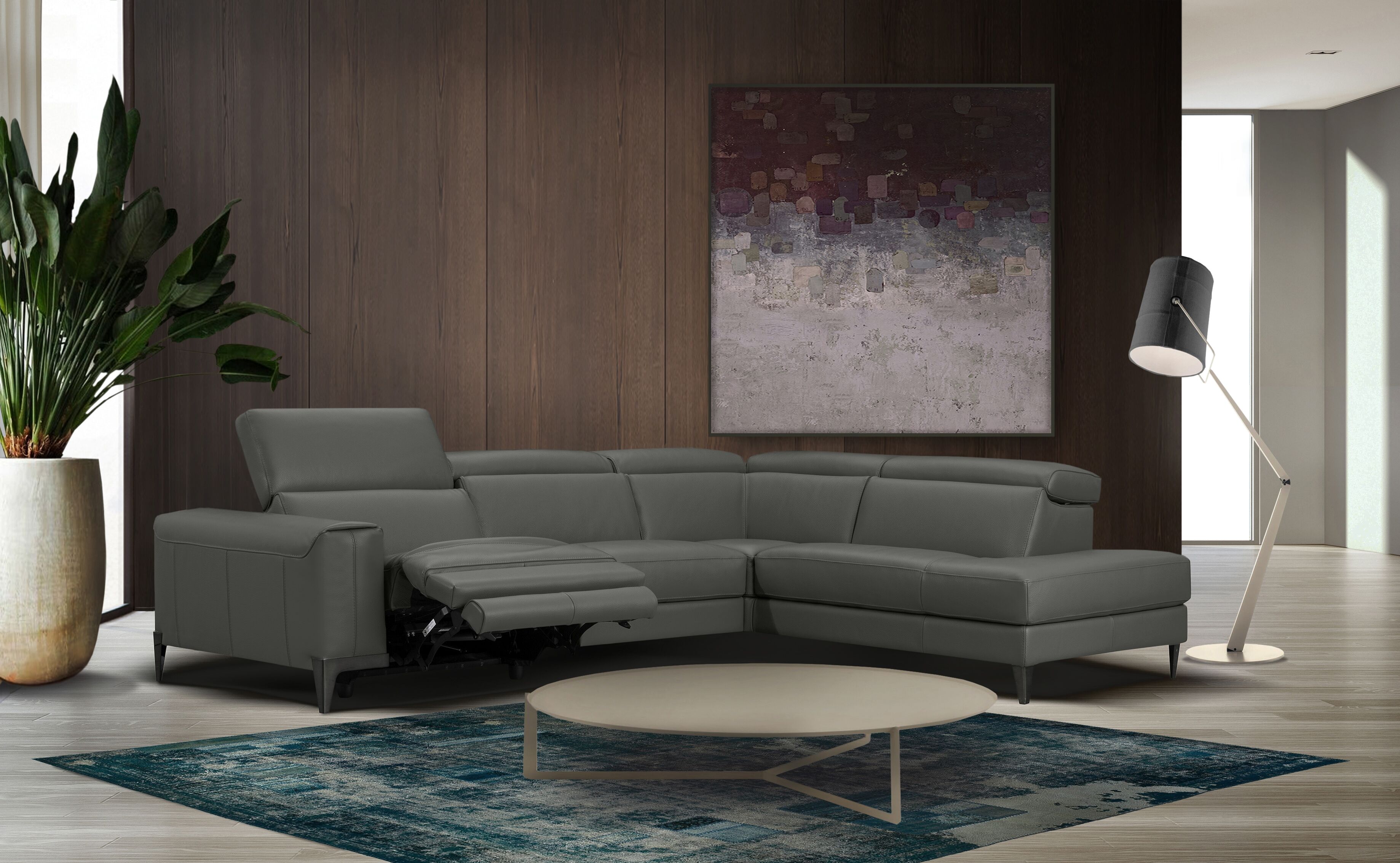 Ecksofa CALIA ITALIA "Benja, Designsofa mit erstklassigen Komfortfunktionen zum Wohlfühlen", grau (iron), B:294cm T:227cm, Sofas, Ecksofa, in Leder, mit elektrischer Relaxfunktion