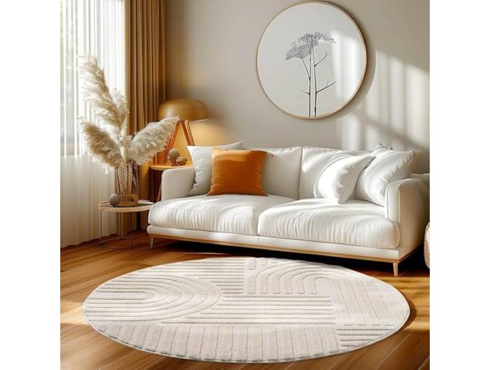 LIVUM Tapis Rond Salon\, Chambre\, Moderne et Design en Relief\, Doux et Confortable (Crème\, 160cm Rond)