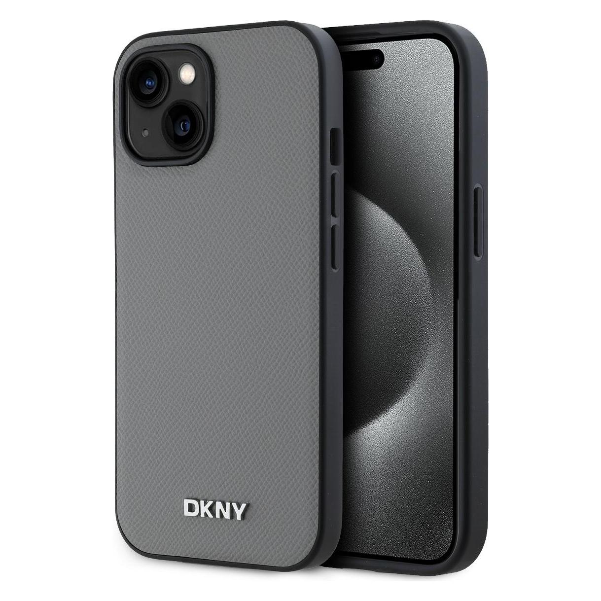 DKNY PU Leather Silver Metal Logo Magsafe Case for iPhone 13 Grey (Apple iPhone 13) (DKHMP13MPGHLMS)