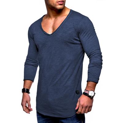 Langarmshirt BEHYPE "NUKE L/S", Herren, Gr. M, blau, 100% Baumwolle, unifarben, Shirts Langarmshirt, mit V-Ausschnitt