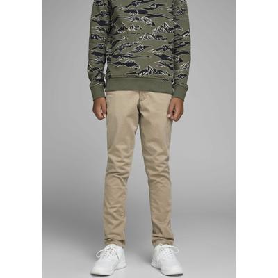 Chinos JACK & JONES JUNIOR "JPSTMARCO bequem, elastisch, pflegeleicht", Jungen, Gr. 140, N-Gr, beige, Web, Obermaterial: 98% Baumwolle, 2% Elasthan, unifarben, slim fit knöchellang, Hosen, unifarben, modisch, slim fit, Web