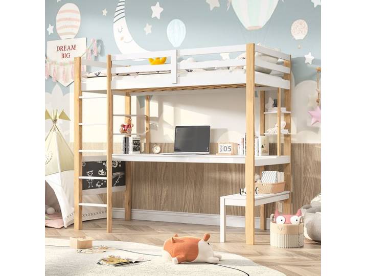 Lit mezzanine 90x200 cm avec table lit enfant avec table tableau noir étagère de rangement lit mezzanine escalier blanc