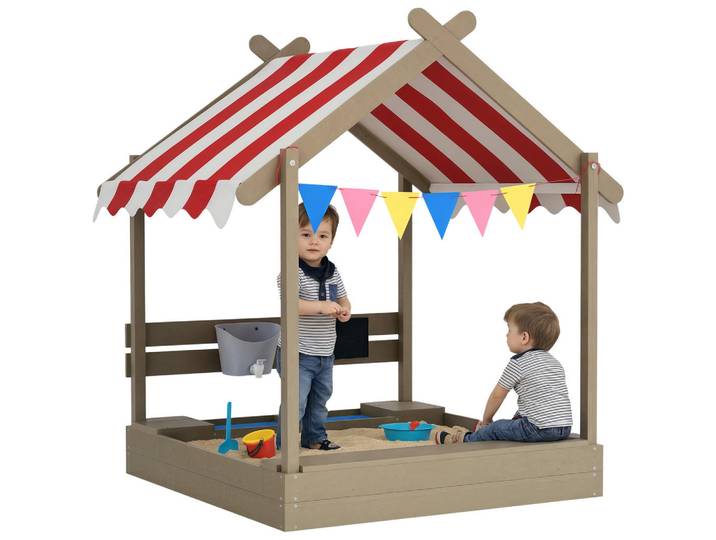 ComfortXL Sandkasten De-10466 mit Sonnenschutz & Spielhaus-Design Grau, 116x146x124 cm, Freizeit & Co, Gartenspielzeug, Sandkästen