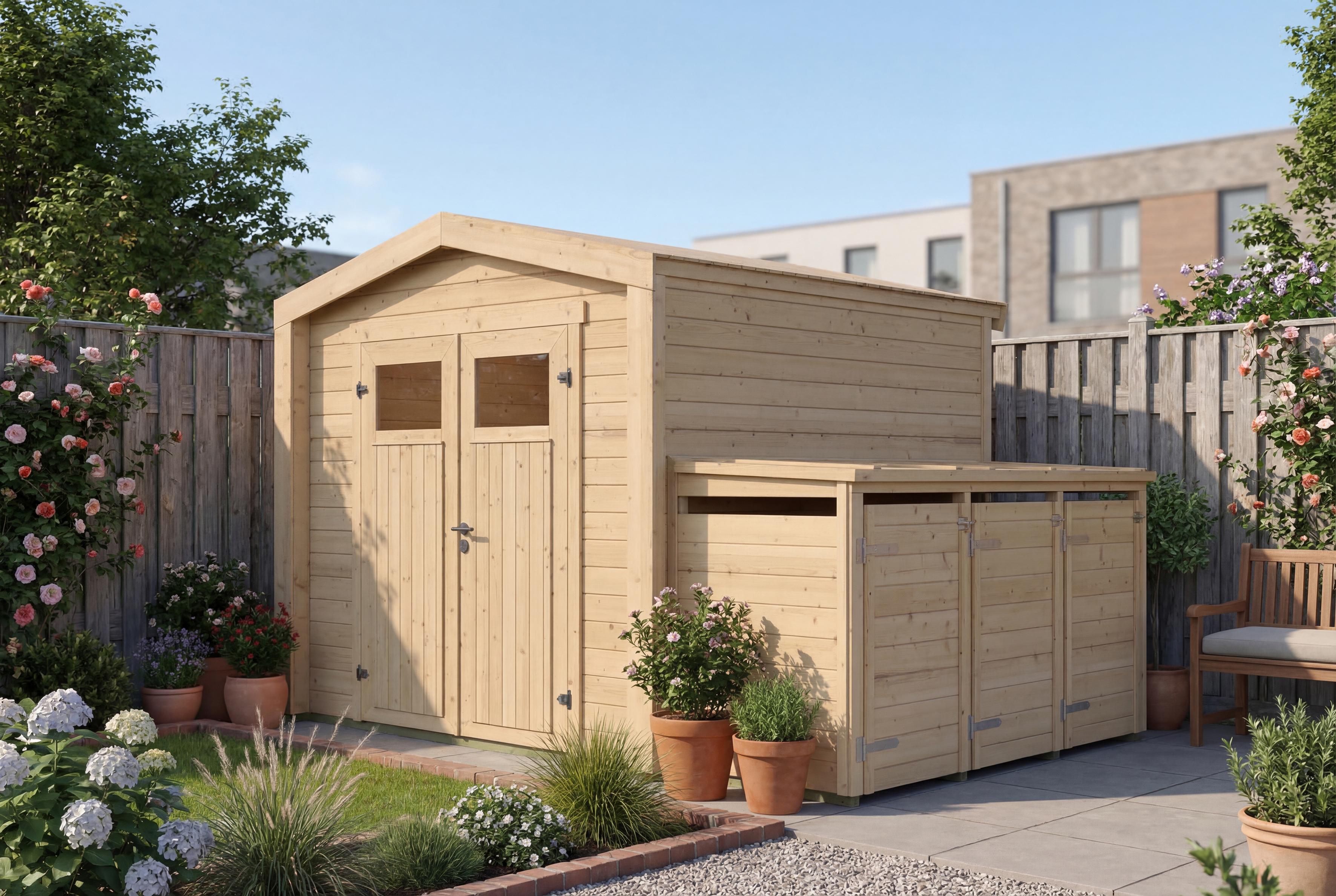 Gartenhaus Killarney, 235x235cm, Naturbelassen, 19mm, Mülltonnenbox