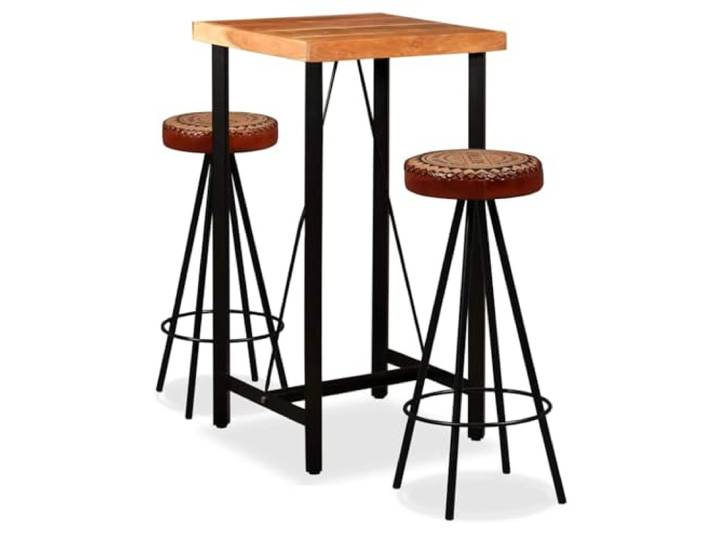 Molumvel 3-TLG. Bar-Set, Akazienholz-Tisch & Echtleder-Hocker Massives Akazienholz, Handgefertigt, Stabiles Stahlgestell, Rustikales Design