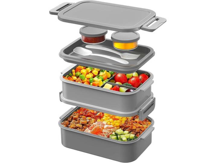 Bento Box 2130ml 3-lagig Grau, Kunststoff, 14.5x12.5x22 cm, Küchenzubehör, Vorratsbehälter, Brotkästen