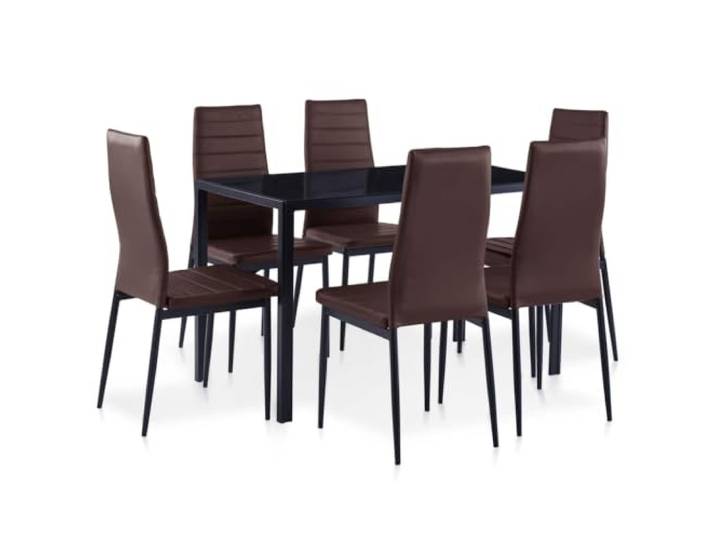 LPERTGFHU 7-TLG. Essgruppe, Esstisch-Set Glas & Stühle Kunstleder, Braun Modernes Design, Pflegeleichte Tischplatte, Hoher Sitzkomfort