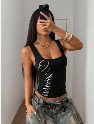 Universal Stock Crop Top Women Letter Print Tank Top Vintage Streetwear Vest black l
