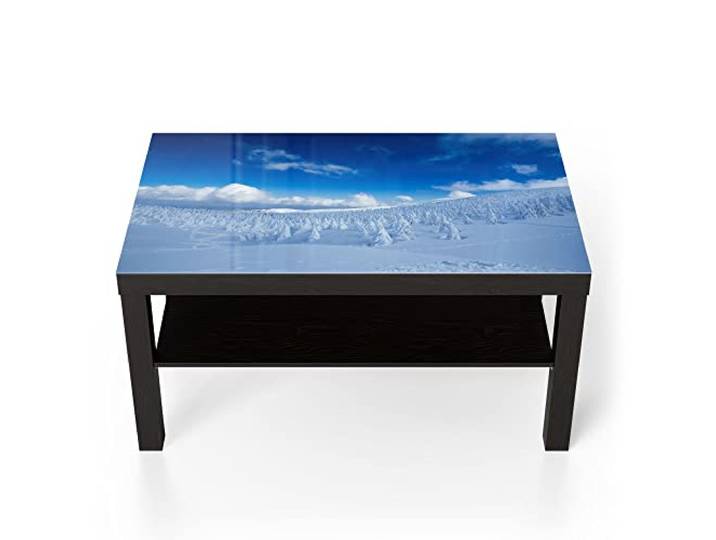 DEQORI Glastisch schwarz groß 90x50 cm Motiv Hochschnee Landschaft ausgefallener Beistelltisch aus Glas Hochglanz Couchtisch fürs Wohnzimmer moderner Couch Tisch mit Design