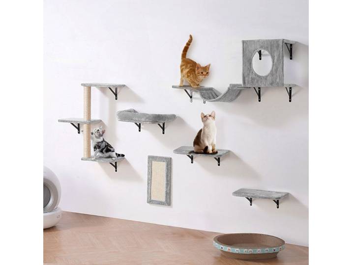 Lot de 6 étagères murales pour chat-plateformes saut hamac perchoir arbre à chat charge 18kg facile à installer pour jouer et dormir