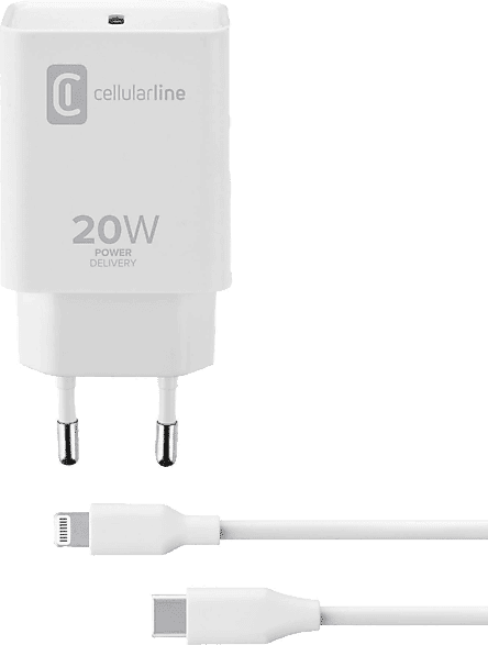 Cargador móvil - CellularLine Charger Kit, 20 W, para Apple iPhone y iPad, Cable USB C a Lightning, 100 cm, Blanco