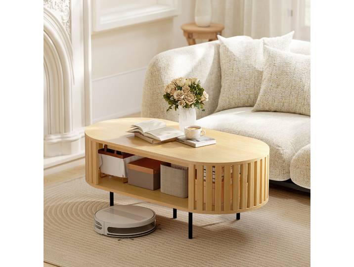 HOMCOM Table Basse Ovale avec Rangement Effet Bois 100x50x40cm