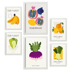 POSTER Set Mit 6 Lebensmittel Und Ernährungs Früchte Und Gemüse Natur Und Botanikdrucke Für Innenarchitektur A3 & A4 Weißer Rahmen