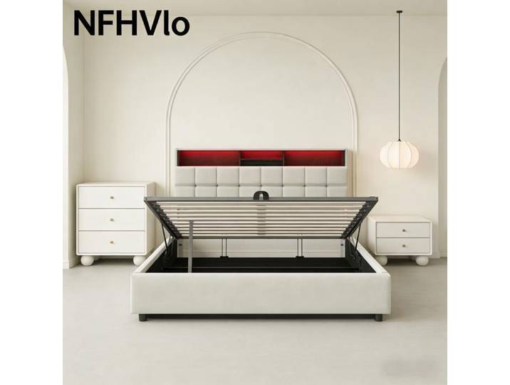 NFHVlo Lit double 140 x 200 cm lit rembourré 140 x 200 cm lit capitonné lit hydraulique LED velours sans matelas