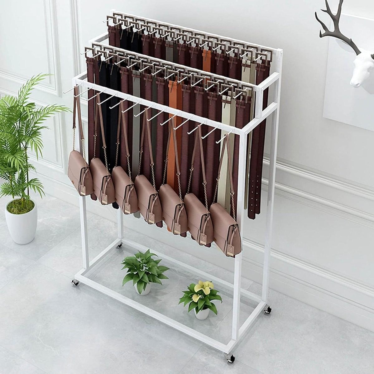 Riemhanger Standaard Accessoire Organizer Winkel Display 3 Lagen met Wielen Wit Hoogte: 150 cm