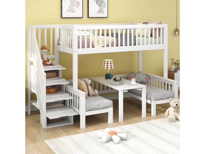 Lit superposé enfant avec bureau relevable 90x200 et 120x200 escalier de rangement garde-corps blanc ORVRYN