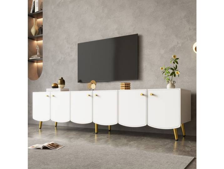 Meuble TV moderne AESVAR 180 cm 6 portes blanc et doré en panneaux de particules