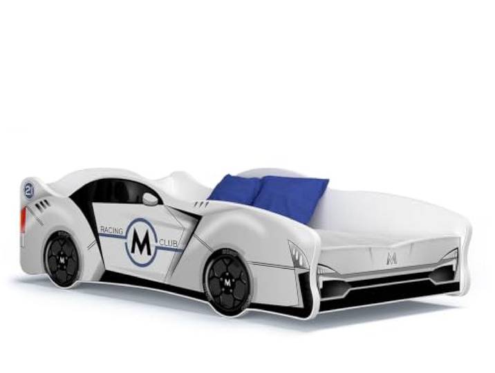 FurnitureByJDM Kinderbett 160 x 80 cm mit Matratze und Rennwagen-Optik Bett für Kinder, Lattenrost Typ FLEX, laminierte Möbelplatte, 60 kg Belastbarkeit, niedrige Bauweise, abgerundete Seitenteile