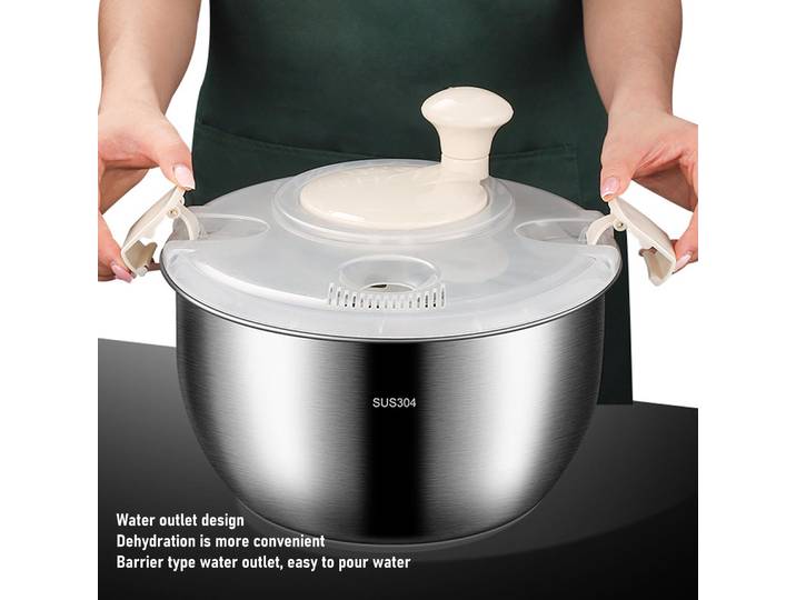 Lave-fruits 6L en acier inoxydable PP, sécheuse à salade multifonctionnelle avec sortie de drainage pour salade de laitue, légumes, bol de lavage
