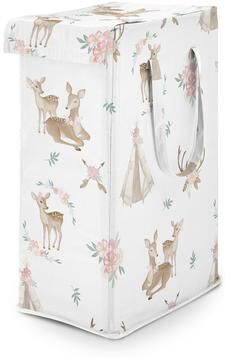 Sweet Jojo Designs Woodland Deer Floral Girl Foldable Laundry Hamper with Handles Boho Watercolor Bohemian Forest Animal Shabby