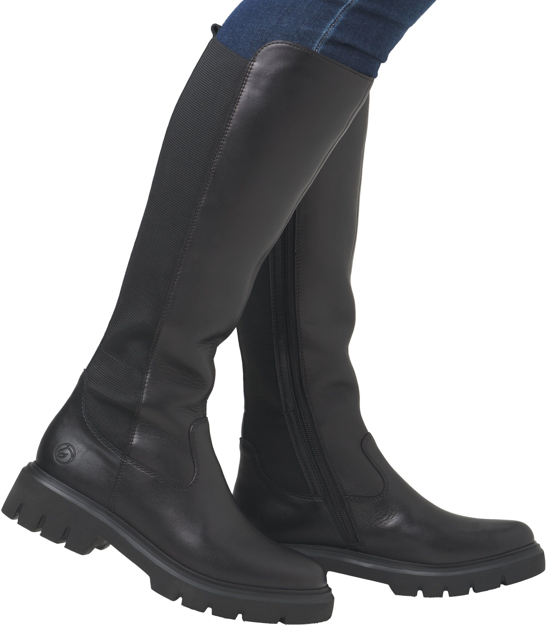 Stiefel REMONTE, Damen, Gr. 37, wärmend, XS-Schaft, schwarz, Elastischer Einsatz, Leder, Lederimitat, unifarben, Schuhe Stiefel, Blockabsatz, Businessmode, Langschaftstiefel, Schafthöhe ca. 37 cm schwarz 37, wärmend, XS-Schaft