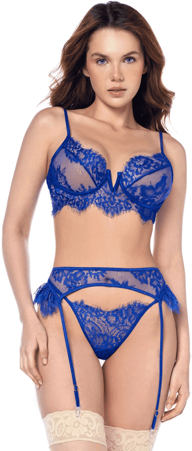 Mapalé Ensemble sexy 3 pièces bleu intense avec dentelle effet cils