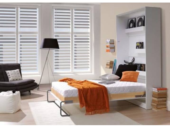 QMM TraumMoebel Schrankbett Wandbett vertikal VB 90x200 ausklappbares Wandbett, Wandklappbett Farbauswahl (Weiß Hochglanz (Fronten))