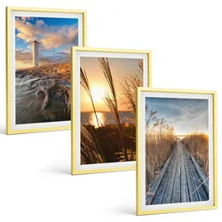 BILDER SET 3er Set - 40x60 cm Goldrahmen - Leuchtturm-Grassteg
