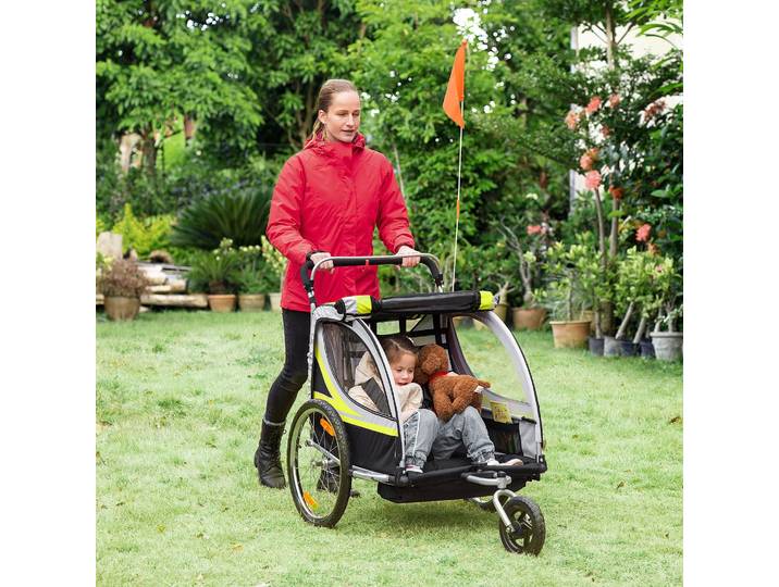 HOMCOM Remorque pour 2 enfants 2-en-1, poignée de poussée, protection contre la pluie, frein, Jaune