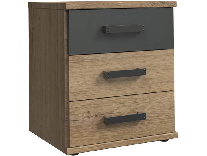 Nachtkommode WIMEX Cork, 46/55/40cm, Nachtschrank Made in Germany , braun (plankeneiche nachbildung, absetzung grafit), B:46cm H:55cm T:40cm, Holzwerkstoff, Sideboards, Nachtkommode, industrial Design, rustikaler Look, 3 Schubladen