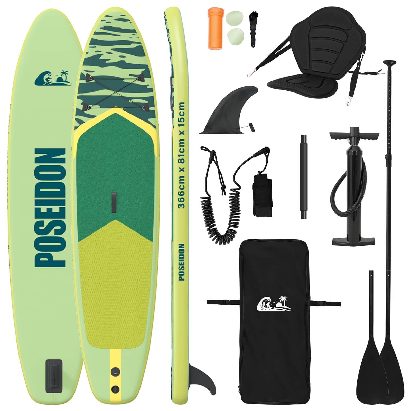 SUP-Stand-Up-Paddling-Brett mit Sitz, 2-in-1, Modell POSEIDON, 366 x 81 x 15 cm, Grün