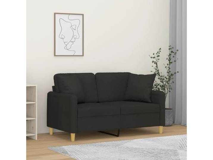 HEFZGDB Modernes 2-Sitzer-Sofa mit Zierkissen Schwarz 120 cm Stoffbezug Atmungsaktiv Langlebig Metallgestell Robust Strapazierfähig Dick gepolsterte Sitzfläche Armlehnen Rückenkissen
