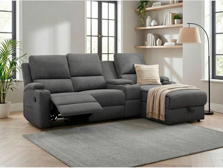 Ecksofa GOODPRODUCT NAPORI Struktur, Multimediasofa, 3er Kinosessel XXL, L-Form , grau (anthrazit), B:240cm H:102cm T:155cm, 100% Polyester, Sofas, Ecksofa, Kinosofa, manuelle o. elektr. Relaxfunktion, Staufach, Getränkehalter