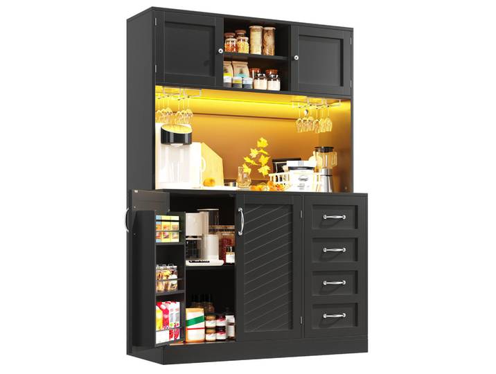 Evryae Buffet Buffet MDF LED App Steuerung Stauraum Anti Kipp System Schrank modern 120/40/188, Schwarz, Metall, 6 Fächer, Rechteckig,Rechteckig, 120x188x40 cm, Esszimmer, Anrichten, Buffetschränke