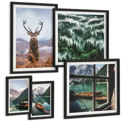 BILDER SET 5er Set - 50x50 cm & 20x30 cm & 40x60 cm Schwarzer Rahmen - Nebel auf dem Bergsee, Bootsfahrten, Nebel