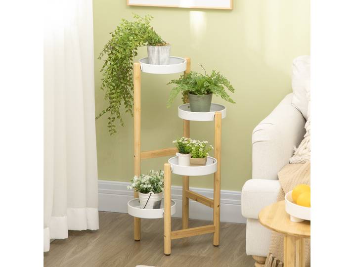 Outsunny Support Plantes 4 Niveaux Bambou/Métal Blanc
