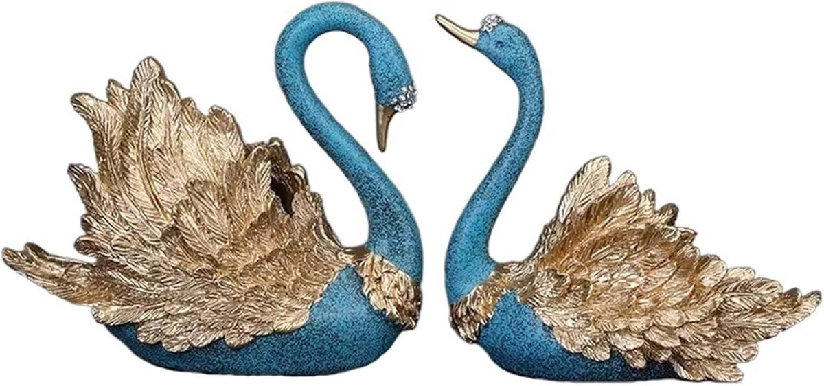 Handgemaakt paar zwanen beeldjes in oceaanblauw voor decoratie op tafel