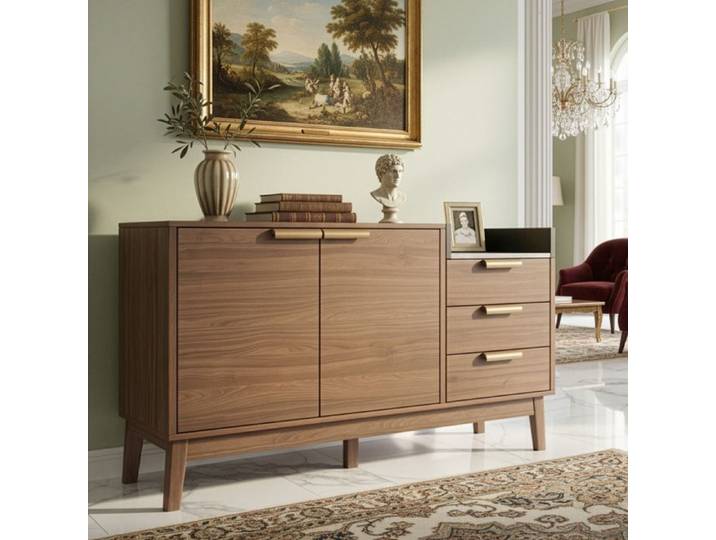 Buffet salon - Chêne effet marbre - 3 tiroirs - Étagère ouverte - Pied central réglable