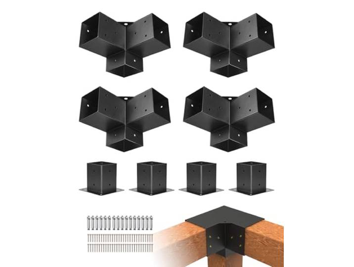 VEVOR Kit Supports de Pergola\, Lot de 8\, Support de Poteau Bois 92x92 mm\, 4 Supports d'angle 3 Voies\, 4 Bases de Poteaux\, Acier au Carbone\, pour Poutres Bois Standard\, Banquets de Fête en Plein Air