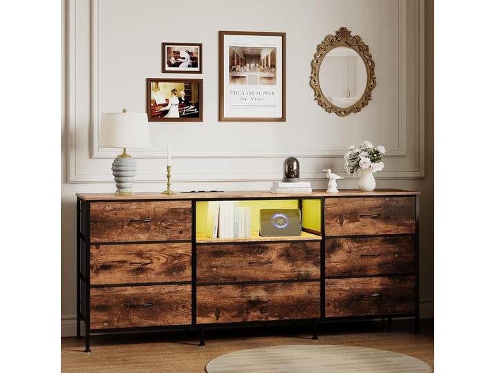Meuble TV LED moderne en fer et bois, centre de divertissement, meuble de rangement multimédia, console avec tiroirs en tissu pour salon