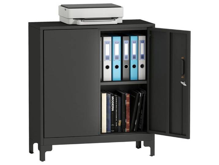 Armoire de bureau noire en métal à 2 niveaux avec portes verrouillables et rangement pour bureau atelier et maison