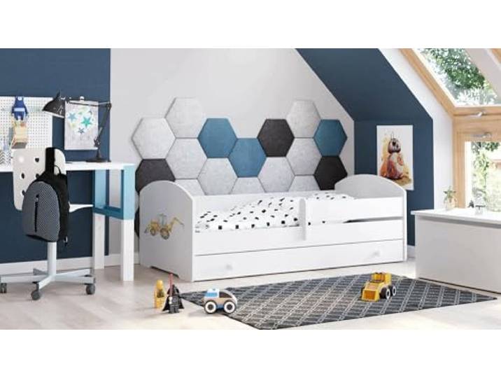 Dmora - Kinderbett Opole, Kinderbett für Schlafzimmer, Einzelbett mit Kommoden, Struktur mit ausziehbarem Bett, 85x164 h63 cm, Weiß mit Bagger
