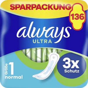always Damenbinden Ultra Day Normal, Größe 1, geruchsneutralisierend, ohne Flügel, 136 Stück