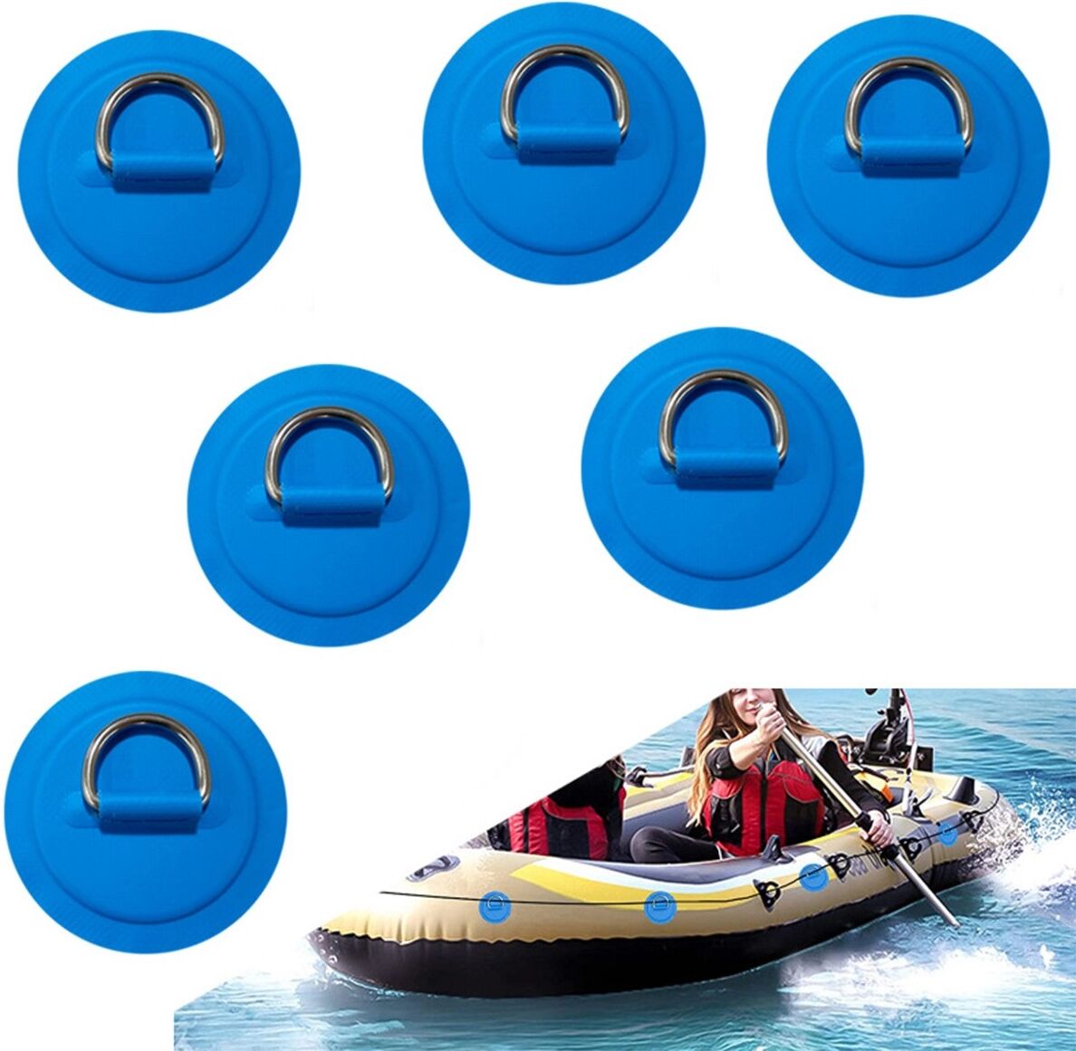 INF Kajak D-Ring Fixmontage 8cm rund (20g) 6er-Set, PVC und Edelstahl, Blau
