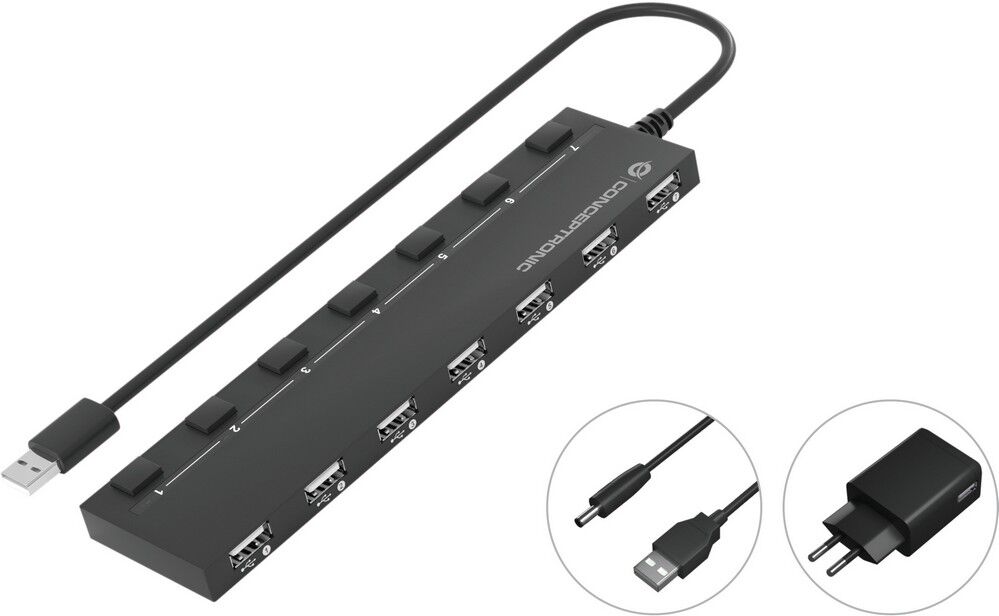 Adaptador Hub USB 2.0 "7 EN 1" - (7x USB 2.0) con Adaptador de Corriente - CONCEPTRONIC