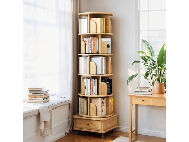 Bibliothèque Rotative à 6 Niveaux Étagère Ronde Rotative à 360° avec Roulettes et Tiroir Étagère de Rangement Gain de Place