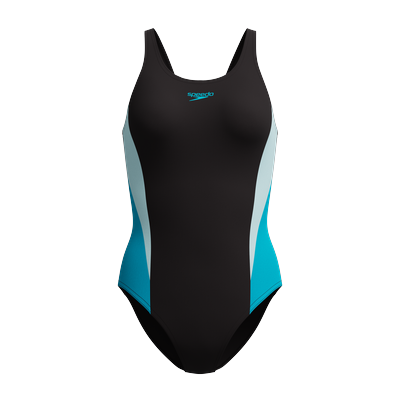 Badeanzug SPEEDO, Damen, Gr. 38, N-Gr, schwarz (blk, ltblu), Obermaterial: 80% Polyamid, 20% Elasthan, Badeanzüge Badeanzug, mit Formbeständigkeit, chlorbeständig, pillingbeständige Oberfläche