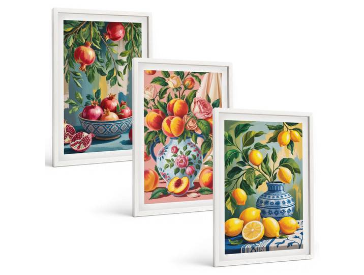 Tulup Bilder SET 3er Set - 40x60 cm Weißer Rahmen - Fruchtzusammensetzung von Granatäpfeln, Kunststoff, Rechteckig, 40x60 cm, einfache und schnelle Anbringung, Bilder & Rahmen, Bilder