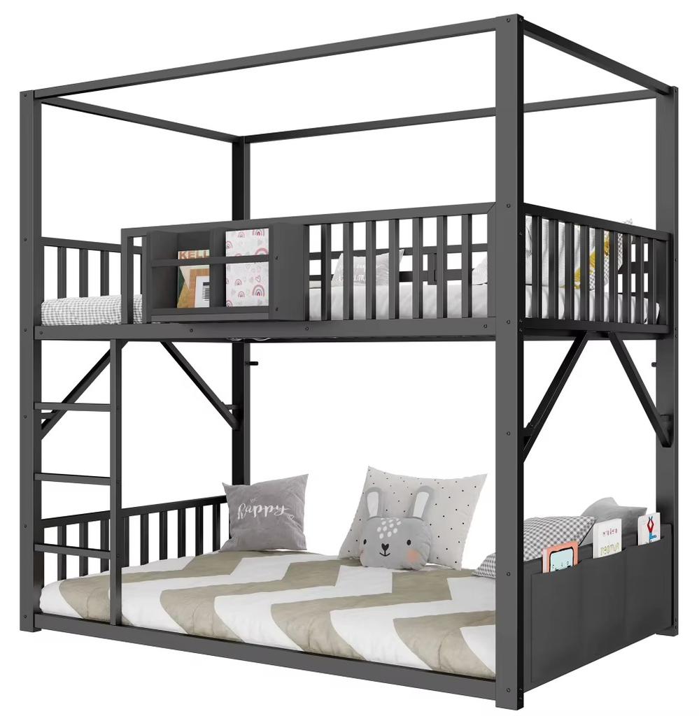 Metall-Etagenbett - Hausdesign - 90 x 200 cm - Stauraum - Sichere Leiter und Rausfallschutz - Einfache Montage - Schwarz
